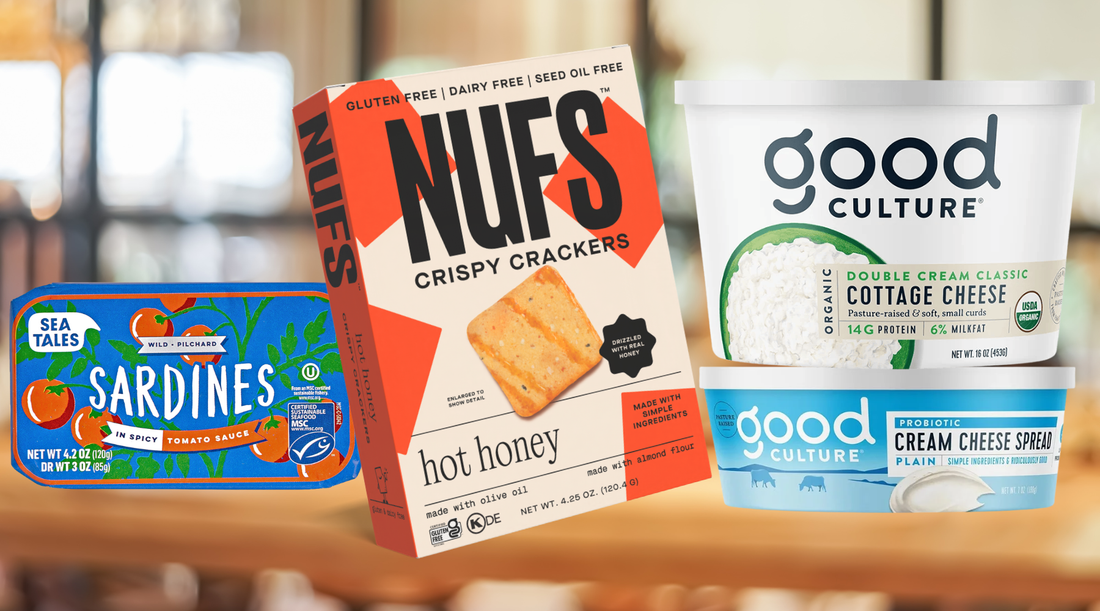 Hot Honey Crackers on a table with sardines and cottage cheese